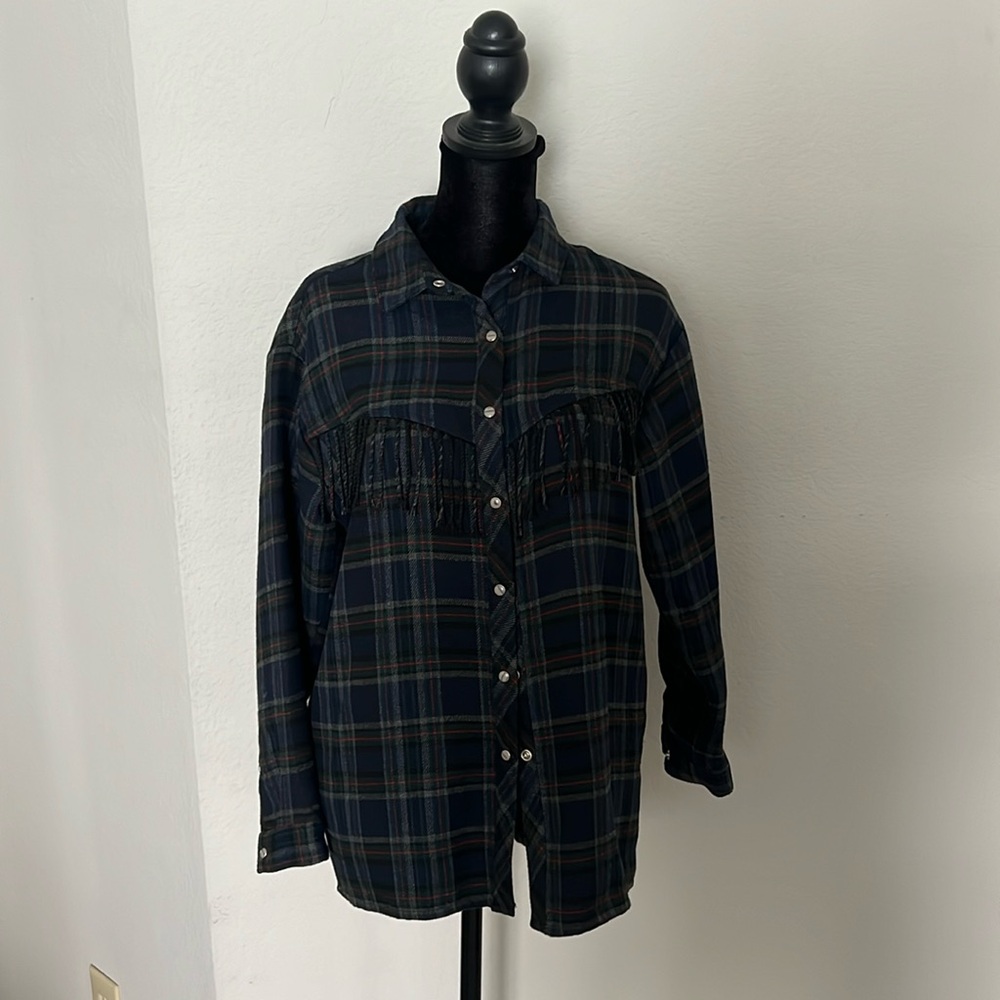 Girls Zara Plaid Shacket with Fringe Size 13-14